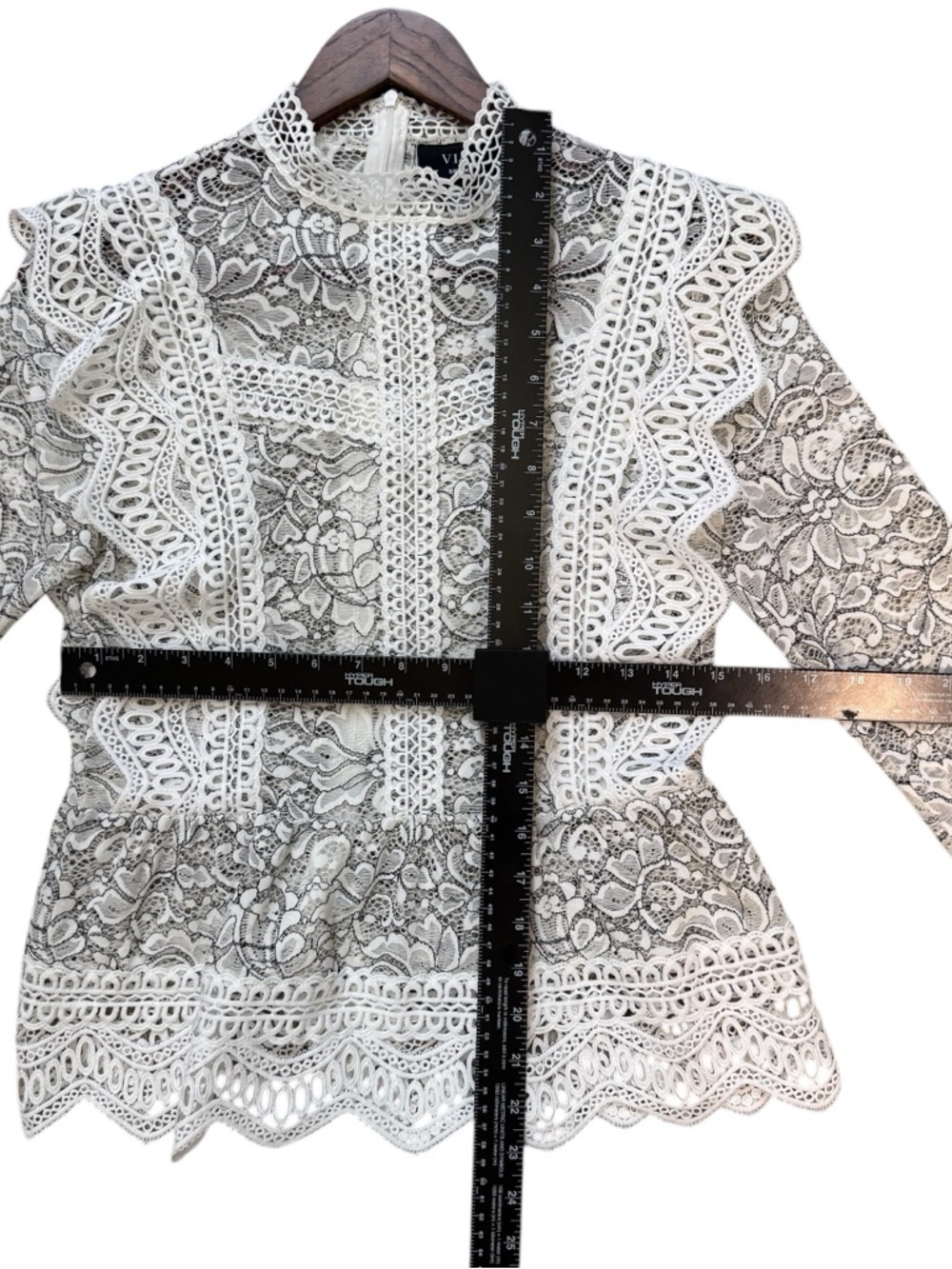 VICI Dolls Black and White Lace Zip Up Back High-Neck Long Sleeve Ruffled Blouse - Picture 4 of 6